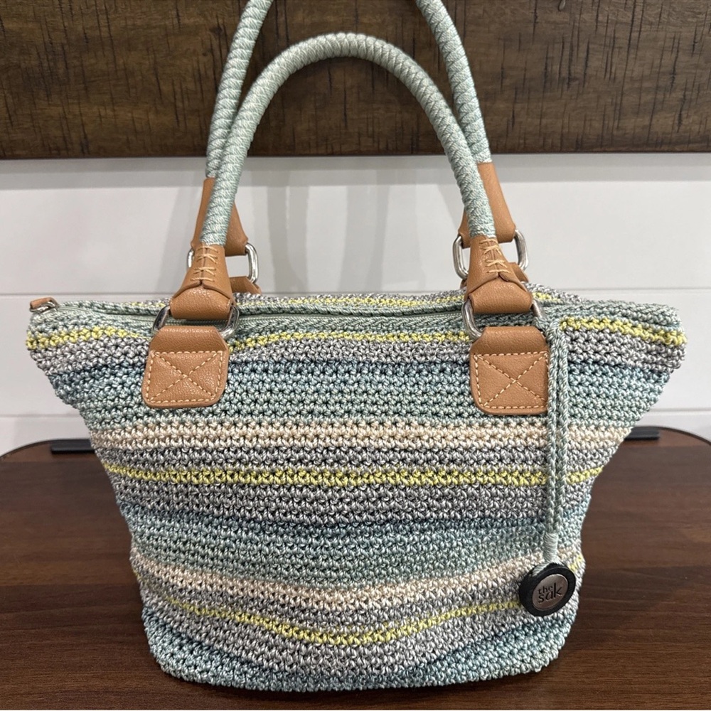 The Sak Multicolor Knit Tote Shoulder Bag with Tan Accents
